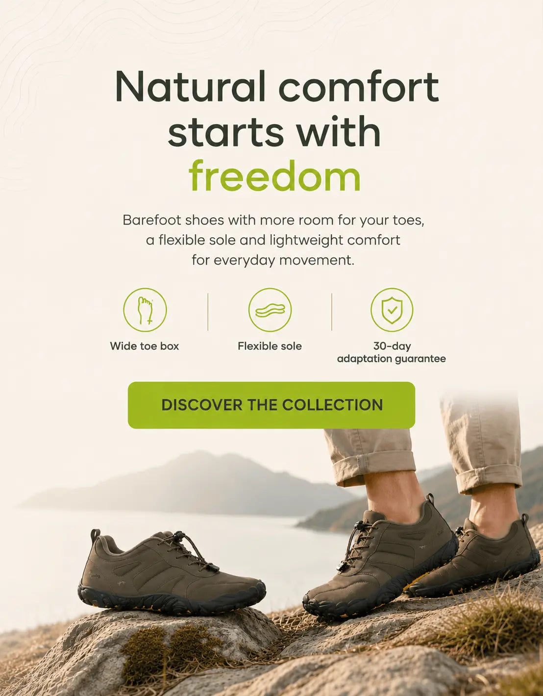 Advertisement for barefoot shoes with text about comfort and features, set against a scenic background.