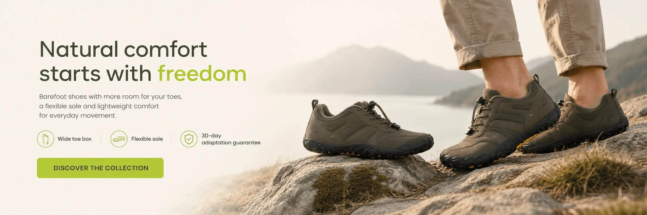 Person wearing hiking shoes on a mountain with text about natural comfort and freedom.