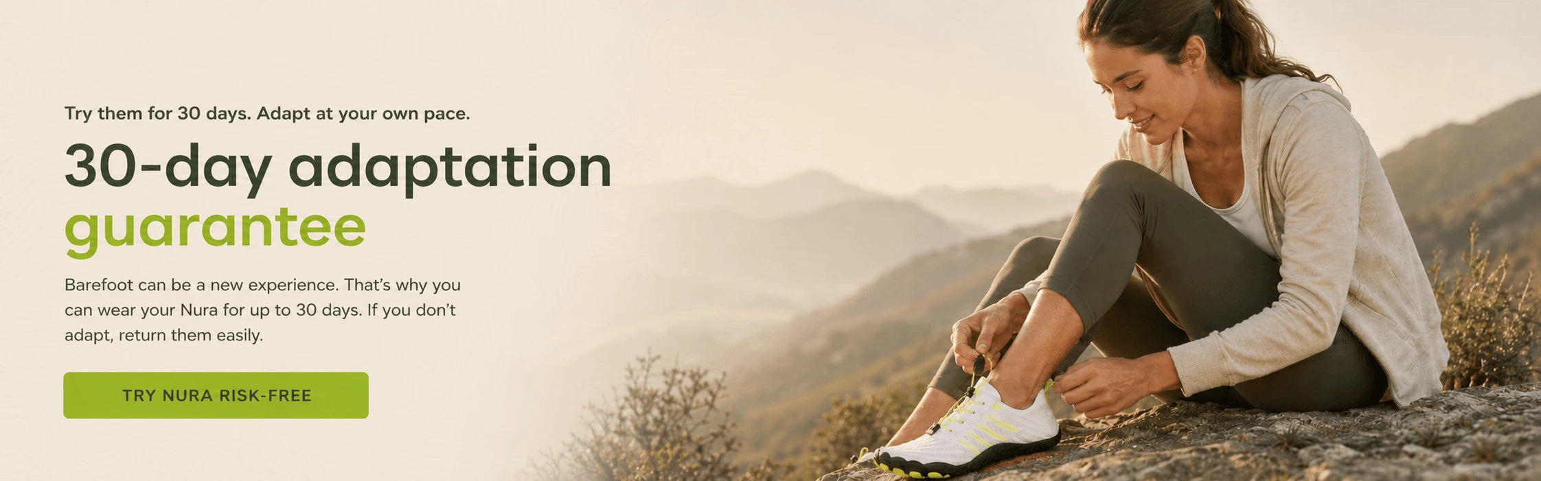 Woman tying white Nura barefoot shoes outdoors with 30-day adaptation guarantee and risk-free trial offer