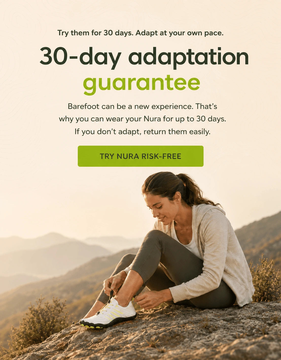 Woman tying white Nura barefoot shoes outdoors with 30-day adaptation guarantee and risk-free trial offer