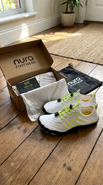 White sneakers with green accents on a wooden floor next to an open Nura Footwear box.