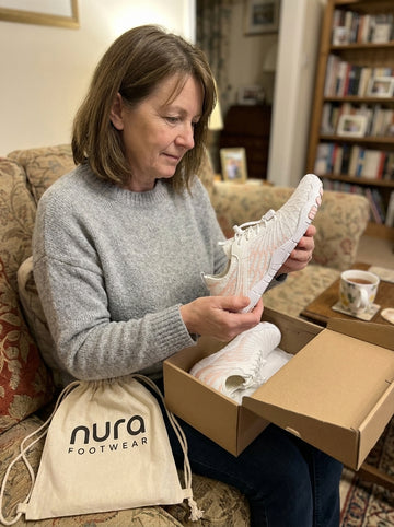 Customer wearing Nura barefoot shoes